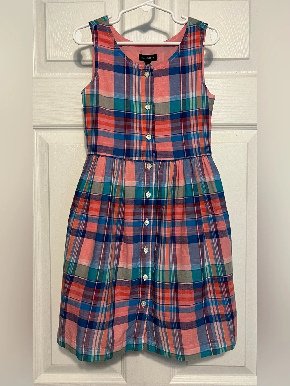 Talbots, Girls’s 100% cotton fit and flare Madras Tie waist dress, plaid, size 4